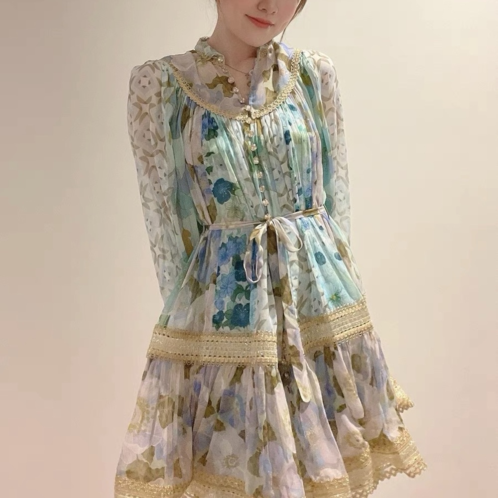 Zimmermann Floral Chiffon Dress with Gold Accents